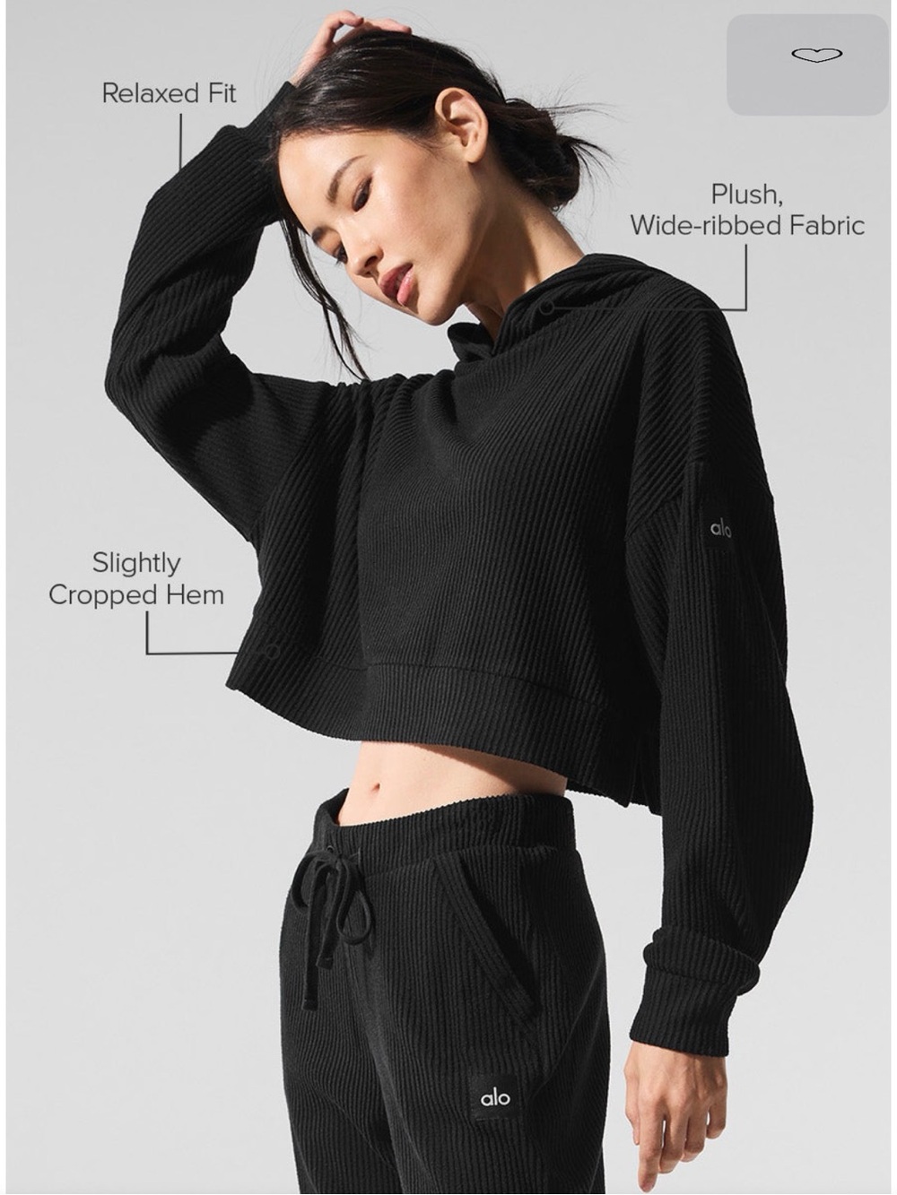 ALO Yoga Women's Black Ribbed Cropped Hoodie